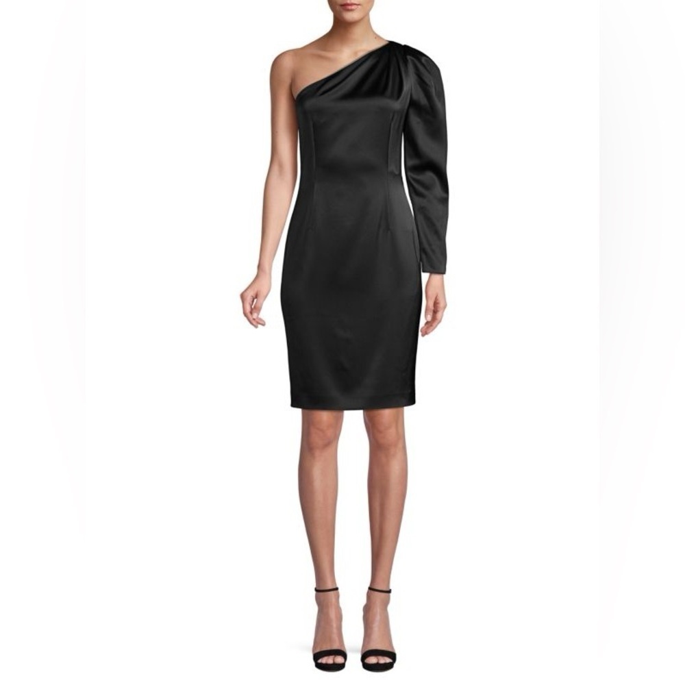 ELIE TAHARI Nikita Black Satin One-Shoulder Mini Dress